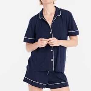 J CREW  Cotton Pajama Short Set in Navy&White Trim/XL